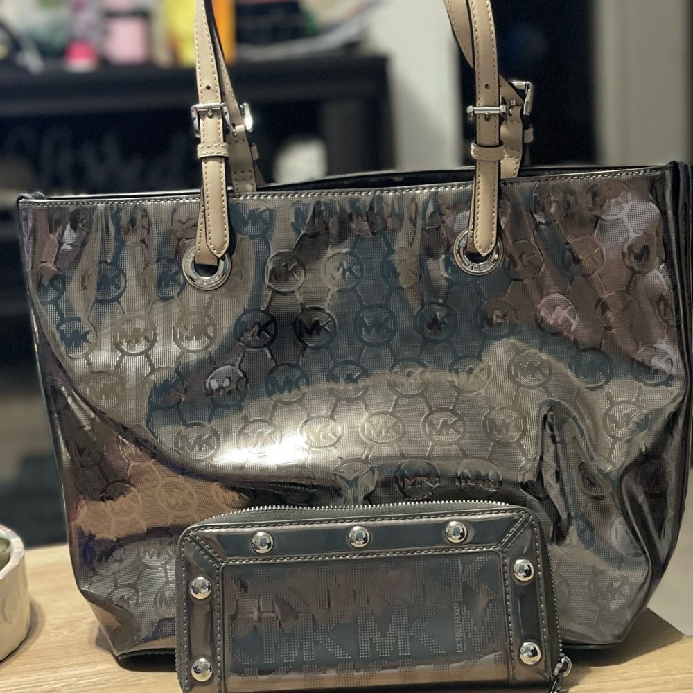 Michael Kors Glossy Silver Tote and Matching Wallet